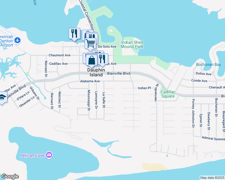 map of restaurants, bars, coffee shops, grocery stores, and more near 905 La Fayette Pl in Dauphin Island