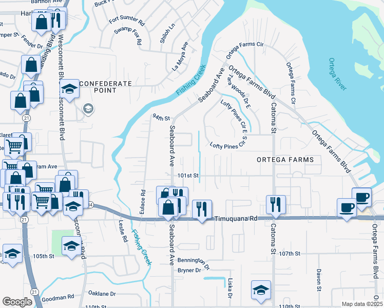 map of restaurants, bars, coffee shops, grocery stores, and more near 5110 Timawatha Avenue in Jacksonville