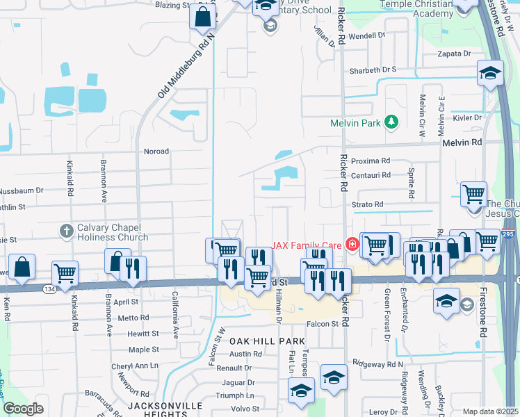 map of restaurants, bars, coffee shops, grocery stores, and more near 4827 Playpen Drive in Jacksonville