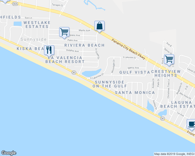 map of restaurants, bars, coffee shops, grocery stores, and more near 21305 South Lakeview Drive in Panama City Beach