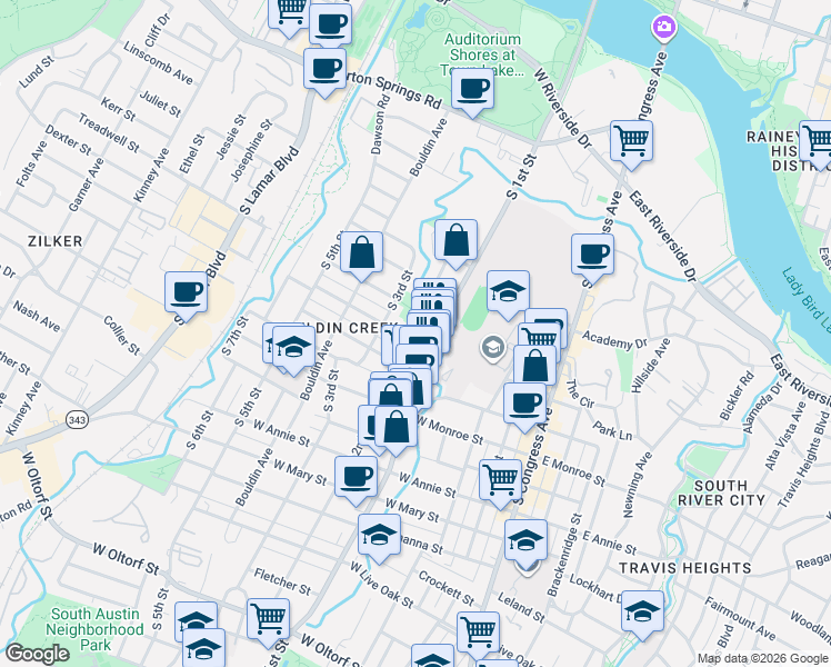 map of restaurants, bars, coffee shops, grocery stores, and more near 608 West Gibson Street in Austin