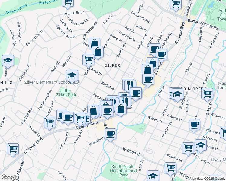 map of restaurants, bars, coffee shops, grocery stores, and more near 1800 Kinney Avenue in Austin