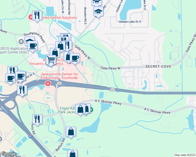 map of restaurants, bars, coffee shops, grocery stores, and more near 4225 Metron Drive in Jacksonville