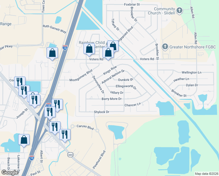 map of restaurants, bars, coffee shops, grocery stores, and more near 1412 Ellingsworth Drive in Slidell