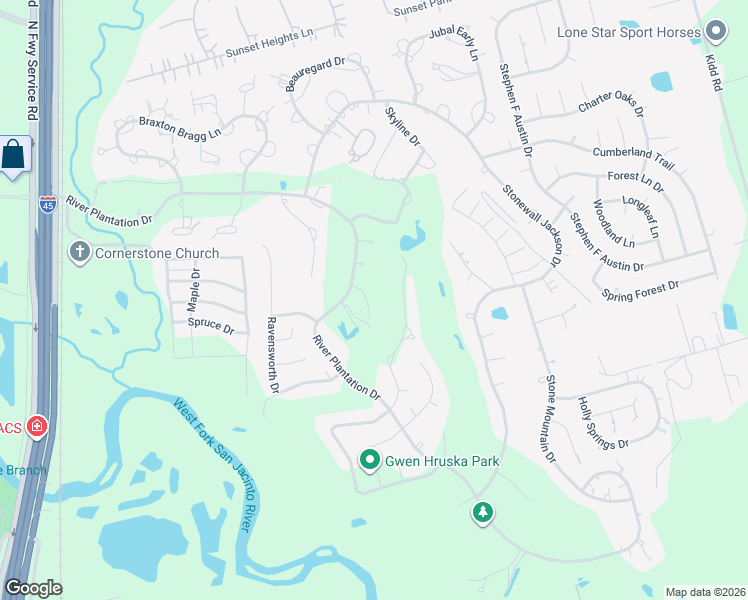 map of restaurants, bars, coffee shops, grocery stores, and more near 593 Brandon Road in Conroe