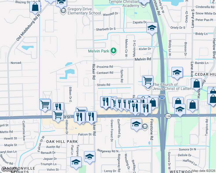 map of restaurants, bars, coffee shops, grocery stores, and more near 7506 Strato Road in Jacksonville