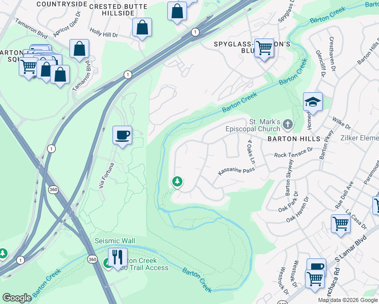 map of restaurants, bars, coffee shops, grocery stores, and more near 2405 Dip Cove in Austin