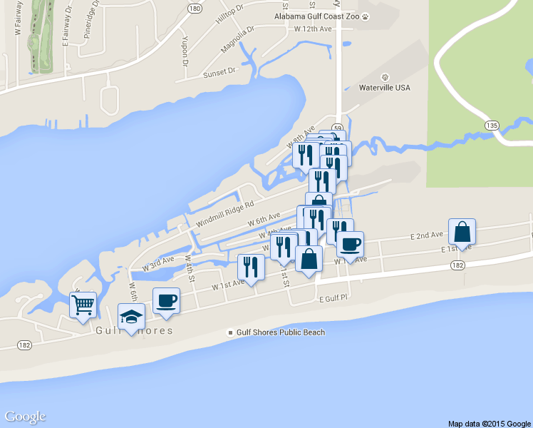 map of restaurants, bars, coffee shops, grocery stores, and more near 166 West 6th Avenue in Gulf Shores