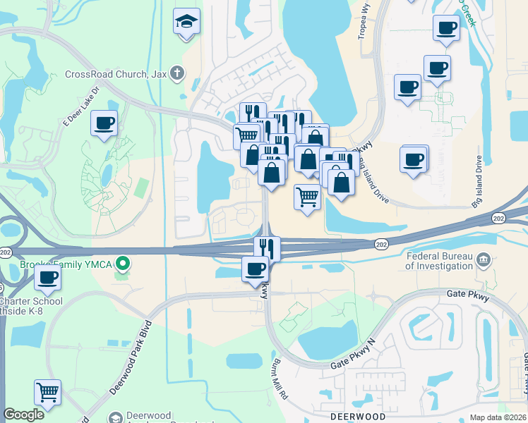 map of restaurants, bars, coffee shops, grocery stores, and more near Gate Parkway North in Jacksonville