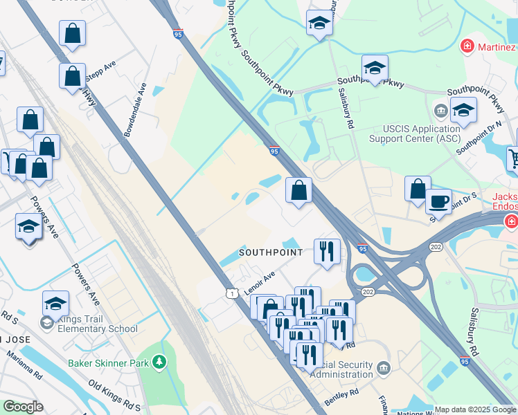 map of restaurants, bars, coffee shops, grocery stores, and more near 4810 Executive Park Court in Jacksonville