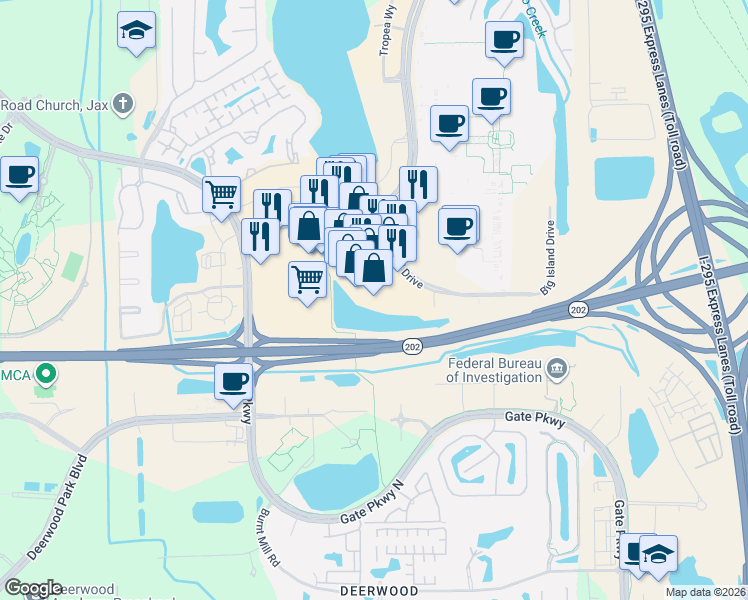 map of restaurants, bars, coffee shops, grocery stores, and more near 4866 Big Island Drive in Jacksonville