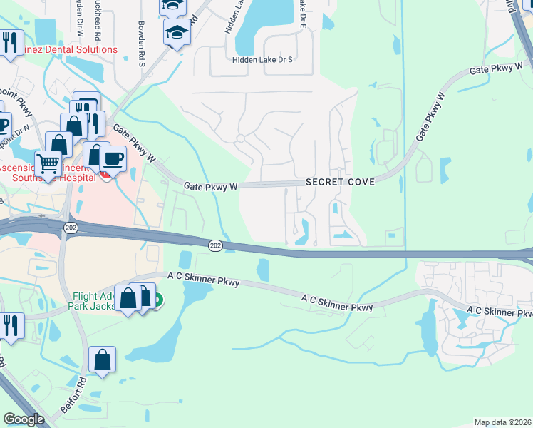 map of restaurants, bars, coffee shops, grocery stores, and more near 4158 Crownwood Drive in Jacksonville