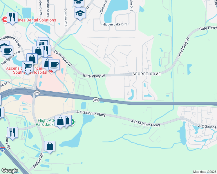 map of restaurants, bars, coffee shops, grocery stores, and more near 8290 Gate Parkway West in Jacksonville