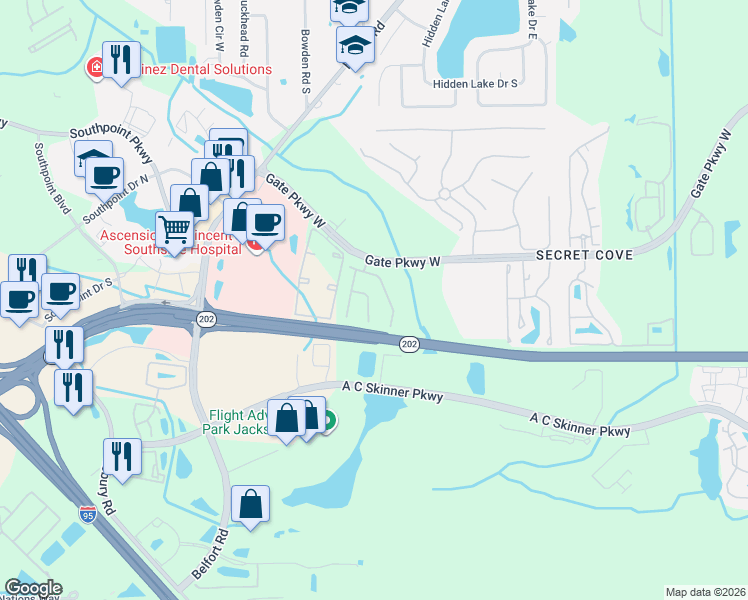 map of restaurants, bars, coffee shops, grocery stores, and more near 4225 Metron Drive in Jacksonville