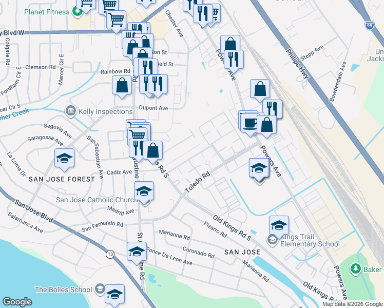 map of restaurants, bars, coffee shops, grocery stores, and more near 207 7061-1 Old Kings Ap in Jacksonville