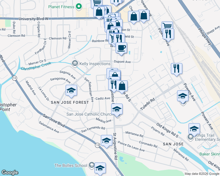 map of restaurants, bars, coffee shops, grocery stores, and more near 6859 Estrada Road in Jacksonville