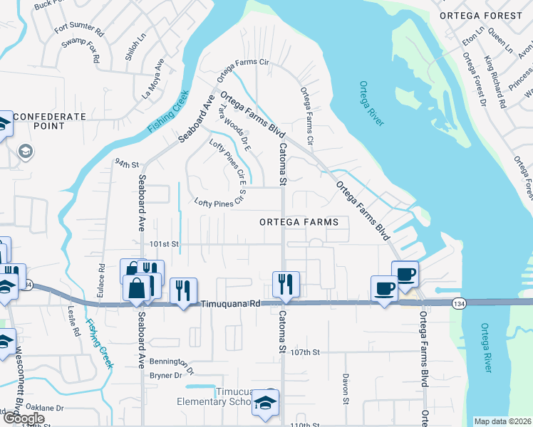 map of restaurants, bars, coffee shops, grocery stores, and more near 5041 Yearling Lane in Jacksonville