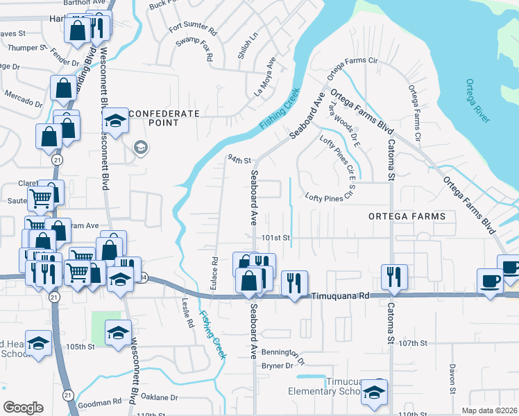 map of restaurants, bars, coffee shops, grocery stores, and more near 5115 Seaboard Avenue in Jacksonville