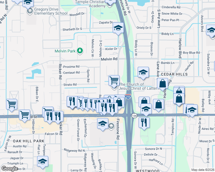 map of restaurants, bars, coffee shops, grocery stores, and more near 4925 Redstone Drive in Jacksonville