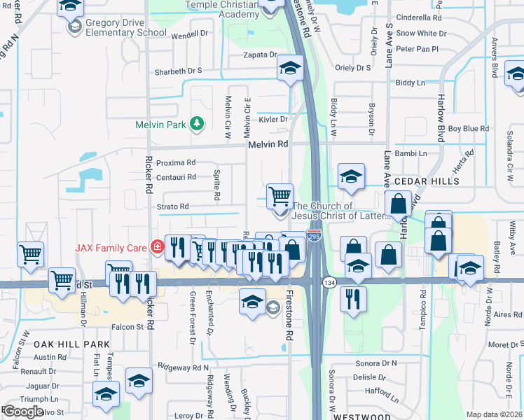 map of restaurants, bars, coffee shops, grocery stores, and more near 4925 Redstone Drive in Jacksonville