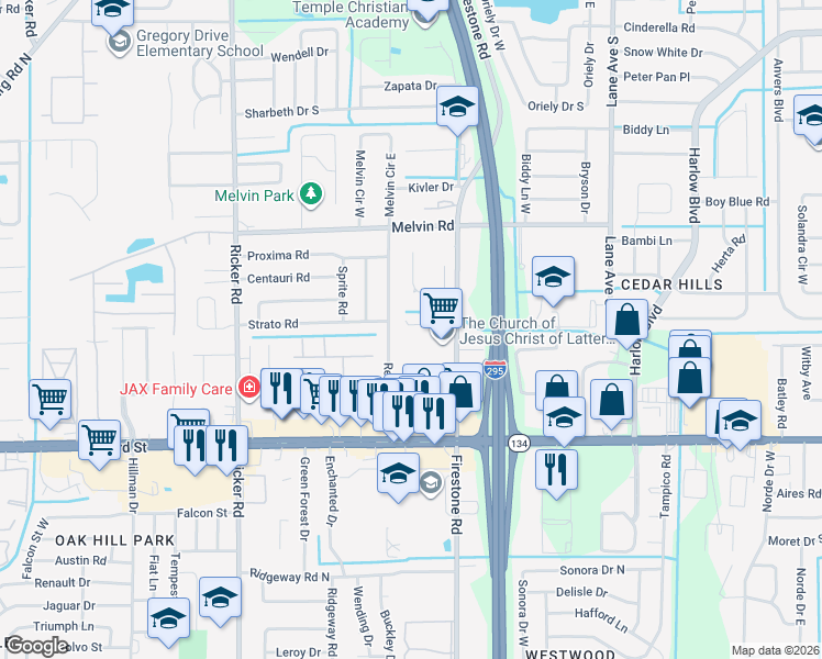 map of restaurants, bars, coffee shops, grocery stores, and more near 4925 Redstone Drive in Jacksonville