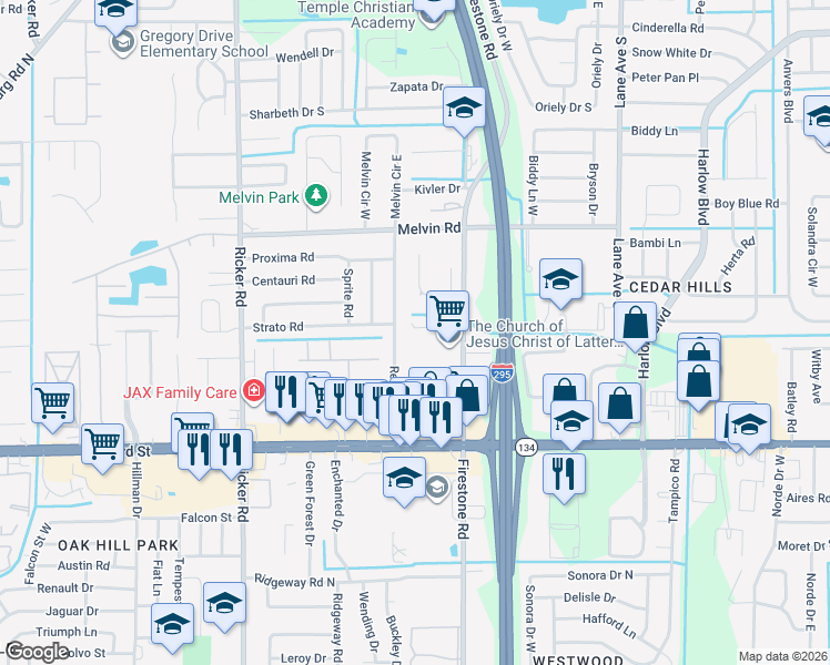 map of restaurants, bars, coffee shops, grocery stores, and more near 4925 Redstone Drive in Jacksonville