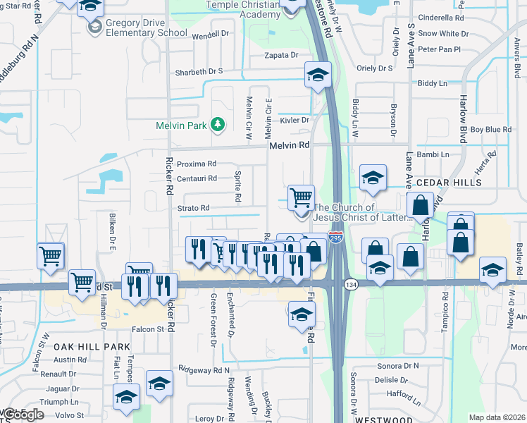 map of restaurants, bars, coffee shops, grocery stores, and more near 7336 Strato Road in Jacksonville