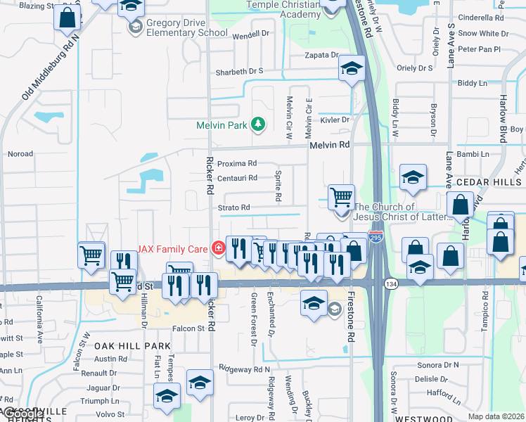 map of restaurants, bars, coffee shops, grocery stores, and more near 7424 Strato Road in Jacksonville