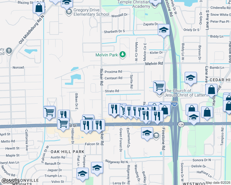 map of restaurants, bars, coffee shops, grocery stores, and more near 7506 Strato Road in Jacksonville