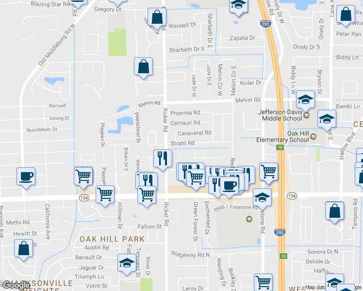 map of restaurants, bars, coffee shops, grocery stores, and more near 7506 Strato Road in Jacksonville