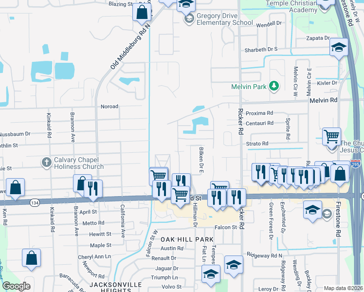 map of restaurants, bars, coffee shops, grocery stores, and more near 4827 Playpen Drive in Jacksonville