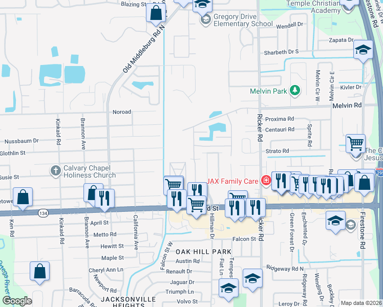 map of restaurants, bars, coffee shops, grocery stores, and more near 4827 Playpen Drive in Jacksonville