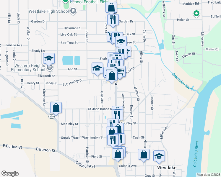map of restaurants, bars, coffee shops, grocery stores, and more near 1300-1598 Garfield St in Westlake