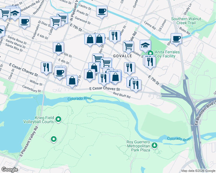 map of restaurants, bars, coffee shops, grocery stores, and more near 4600 East Cesar Chavez Street in Austin