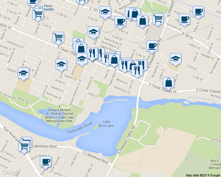 map of restaurants, bars, coffee shops, grocery stores, and more near 72 Julius Street in Austin
