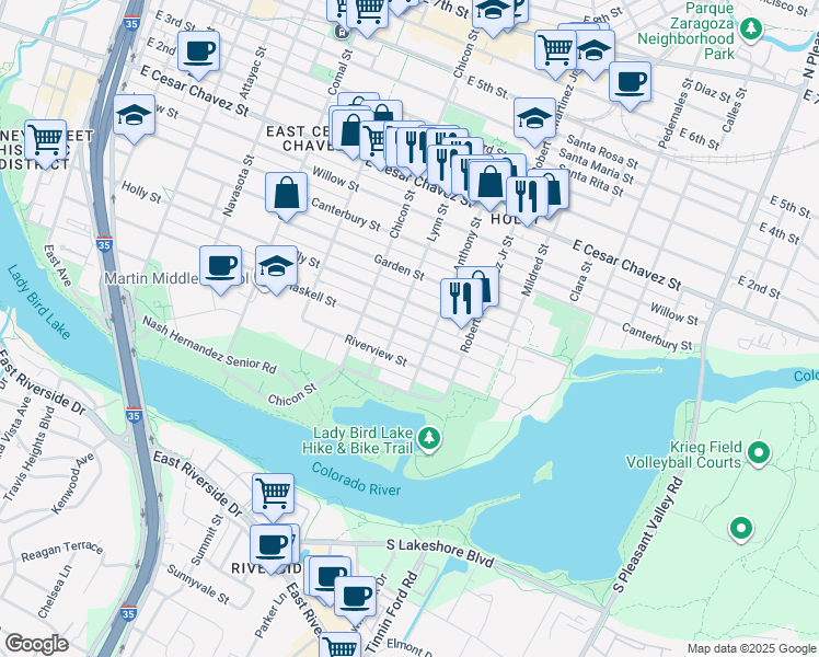 map of restaurants, bars, coffee shops, grocery stores, and more near 2002 Haskell Street in Austin