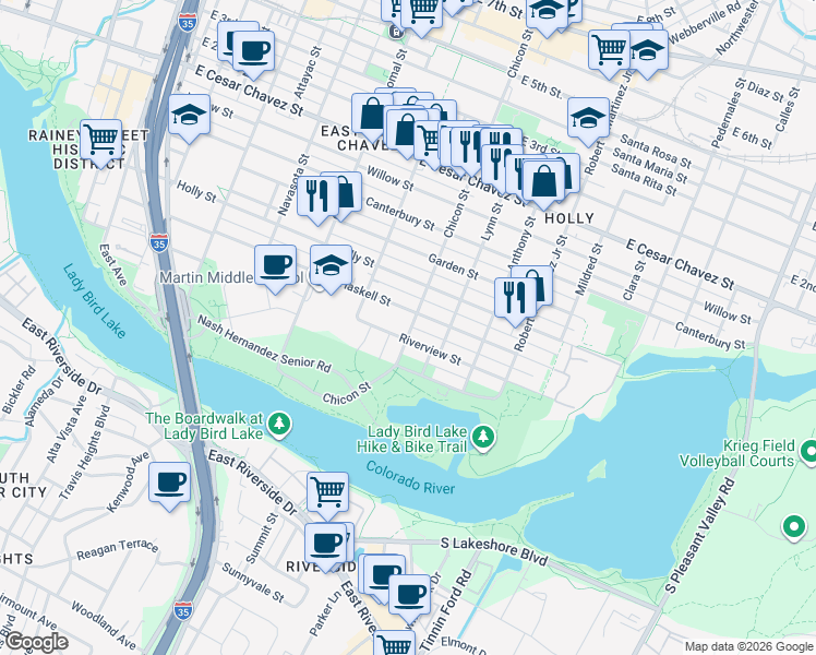 map of restaurants, bars, coffee shops, grocery stores, and more near in Austin
