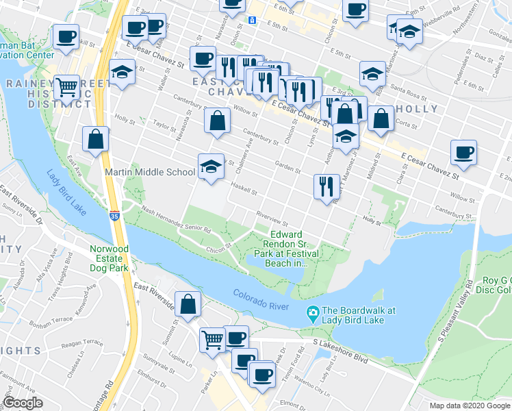 map of restaurants, bars, coffee shops, grocery stores, and more near 1800 Riverview Street in Austin