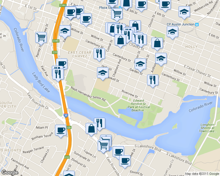 map of restaurants, bars, coffee shops, grocery stores, and more near 1701 Riverview Street in Austin