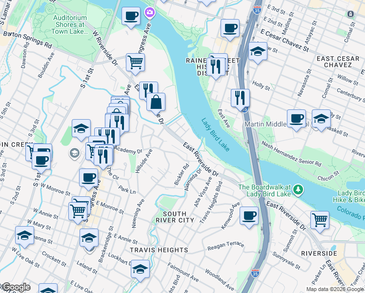 map of restaurants, bars, coffee shops, grocery stores, and more near 506 Academy Drive in Austin
