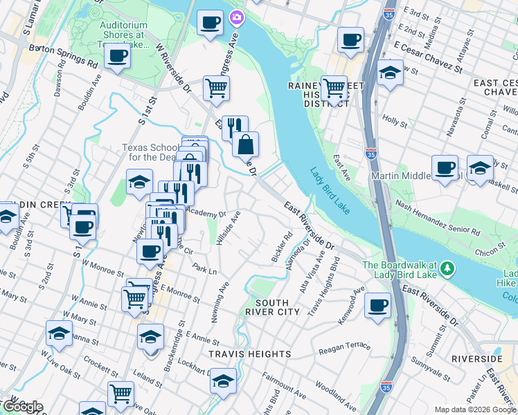 map of restaurants, bars, coffee shops, grocery stores, and more near Academy Drive in Austin