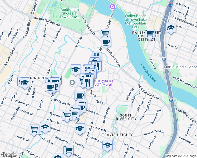 map of restaurants, bars, coffee shops, grocery stores, and more near 110 Academy Drive in Austin