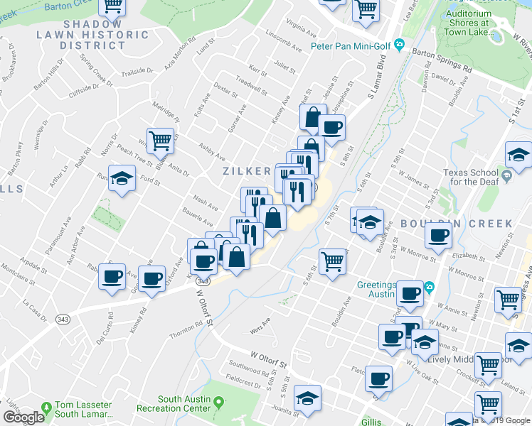 map of restaurants, bars, coffee shops, grocery stores, and more near 1412 Collier Street in Austin