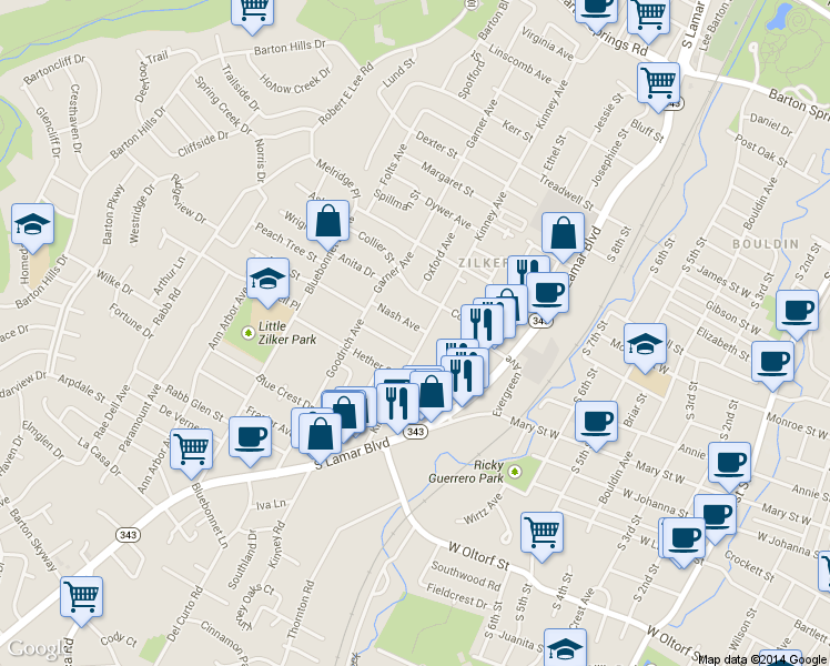 map of restaurants, bars, coffee shops, grocery stores, and more near 1800 Kinney Avenue in Austin