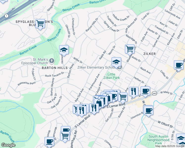 map of restaurants, bars, coffee shops, grocery stores, and more near 2106 Rabb Road in Austin