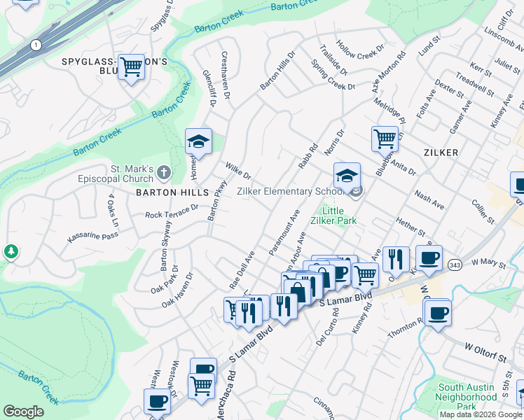 map of restaurants, bars, coffee shops, grocery stores, and more near 2106 Rabb Road in Austin