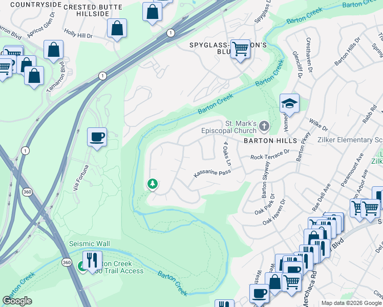 map of restaurants, bars, coffee shops, grocery stores, and more near 2651 Barton Hills Drive in Austin