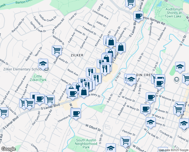 map of restaurants, bars, coffee shops, grocery stores, and more near 1422 Collier Street in Austin