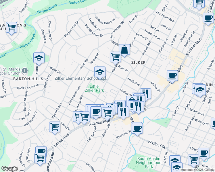 map of restaurants, bars, coffee shops, grocery stores, and more near 2005 Bluebonnet Lane in Austin