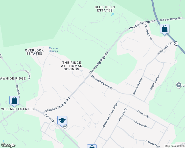 map of restaurants, bars, coffee shops, grocery stores, and more near 10104 Murmuring Creek Drive in Austin